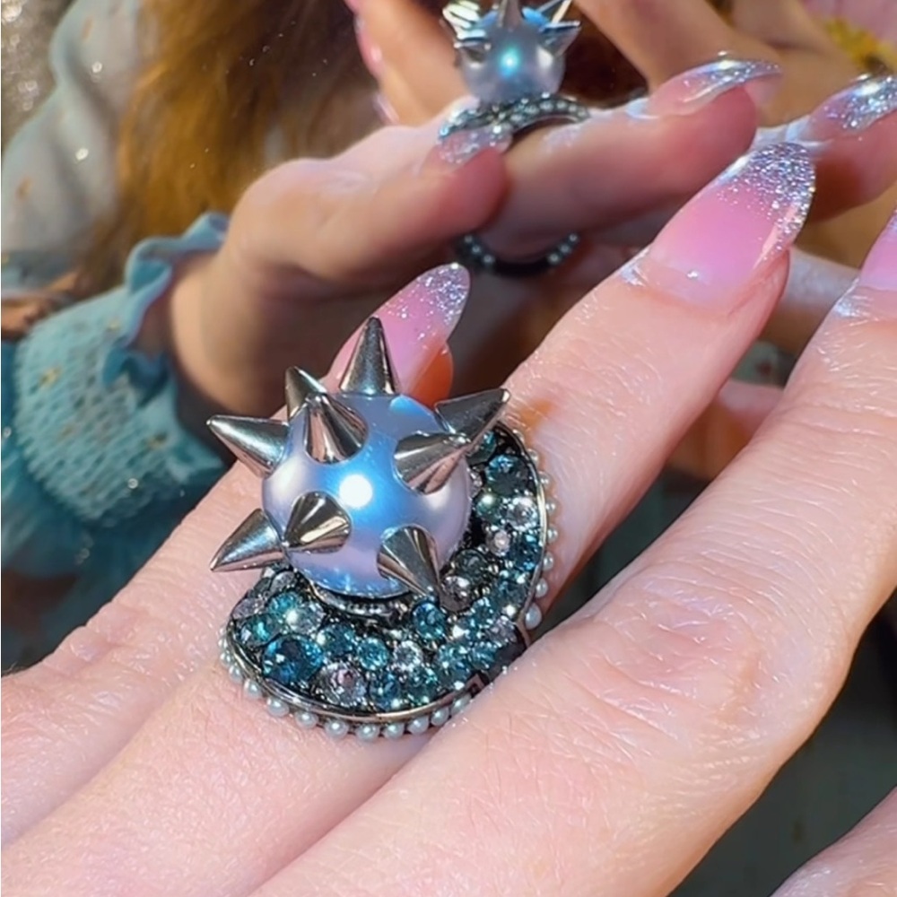 Gucci Silver Spiked Pearl and Blue Crystal Ring
